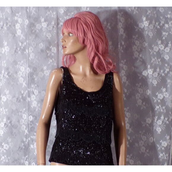 Vintage 60s Sequin Top 1960s Black Shimmy Jo-Ro of Miami Glam Size Medium S/M - Picture 1 of 5